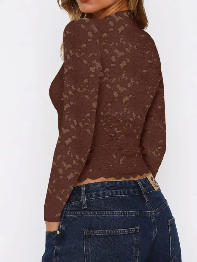Floral Lace Long Sleeve Deep V-Neck Blouse with Scalloped Hem