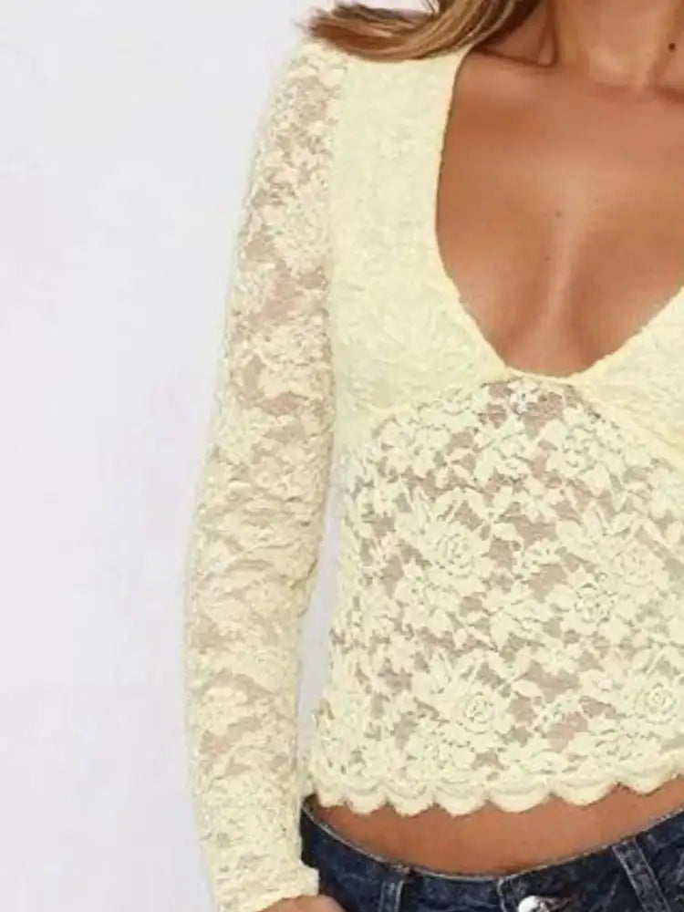 Floral Lace Long Sleeve Deep V-Neck Blouse with Scalloped Hem