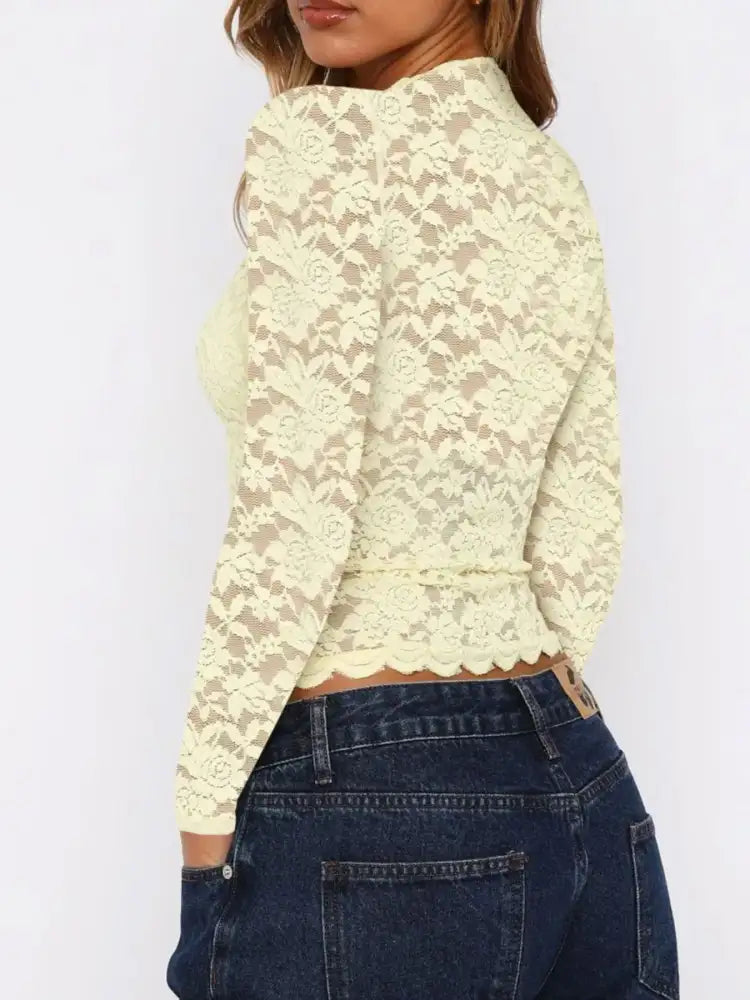 Floral Lace Long Sleeve Deep V-Neck Blouse with Scalloped Hem