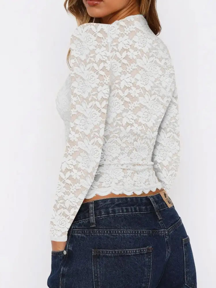 Floral Lace Long Sleeve Deep V-Neck Blouse with Scalloped Hem