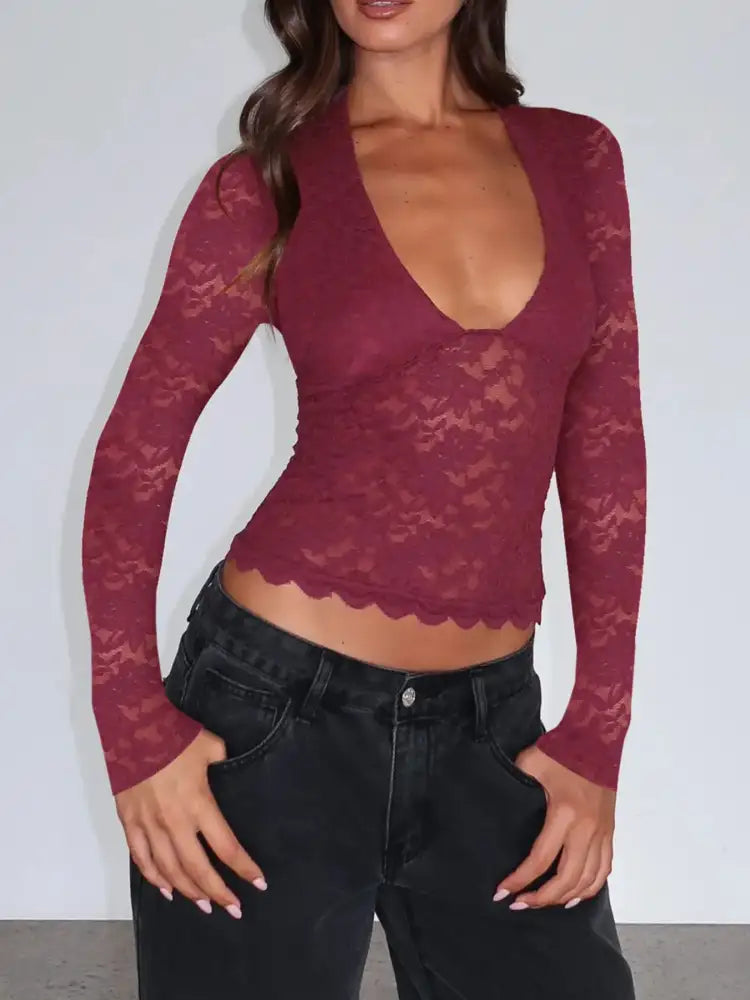 Floral Lace Long Sleeve Deep V-Neck Blouse with Scalloped Hem