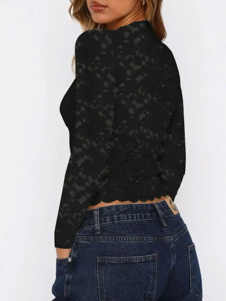 Floral Lace Long Sleeve Deep V-Neck Blouse with Scalloped Hem