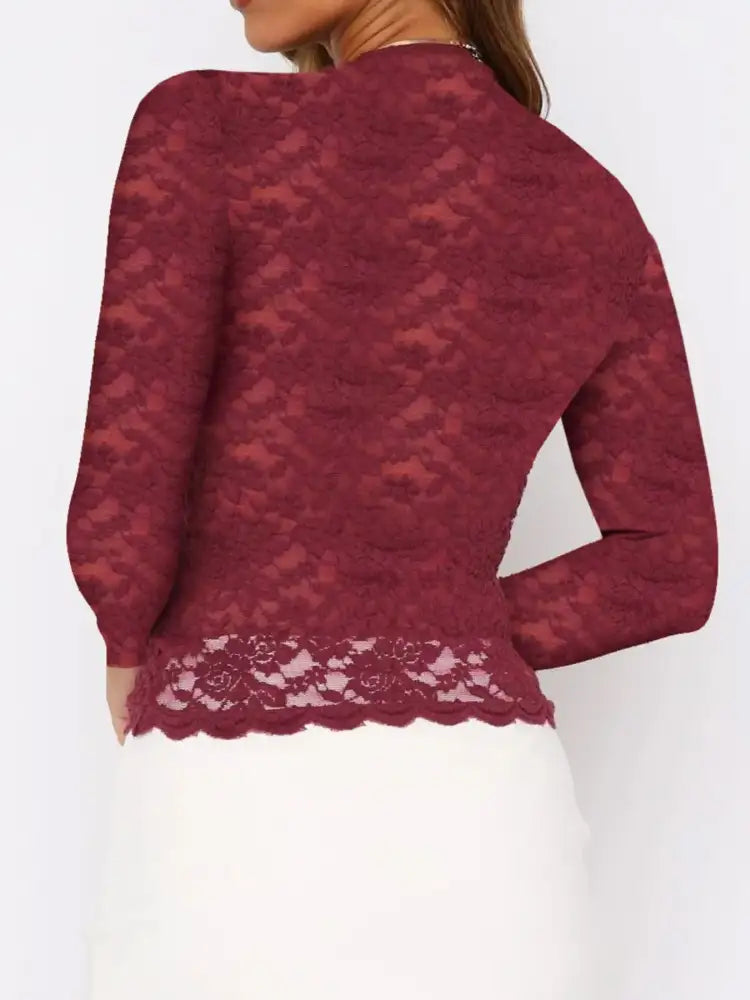 Floral Lace Long Sleeve Deep V-Neck Blouse with Scalloped Hem