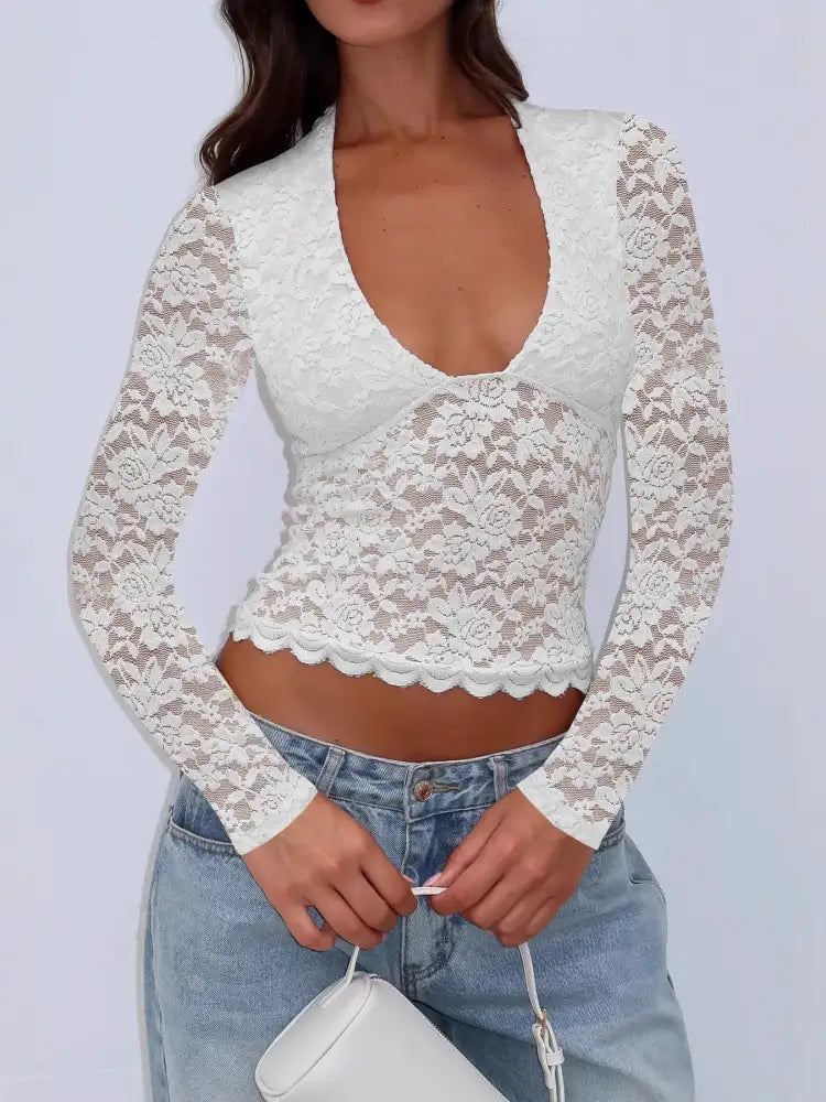 Floral Lace Long Sleeve Deep V-Neck Blouse with Scalloped Hem