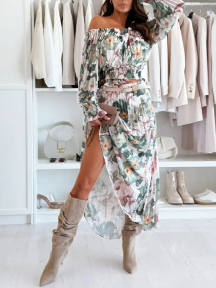 Floral Off-Shoulder Top and Skirt Two-Piece Set