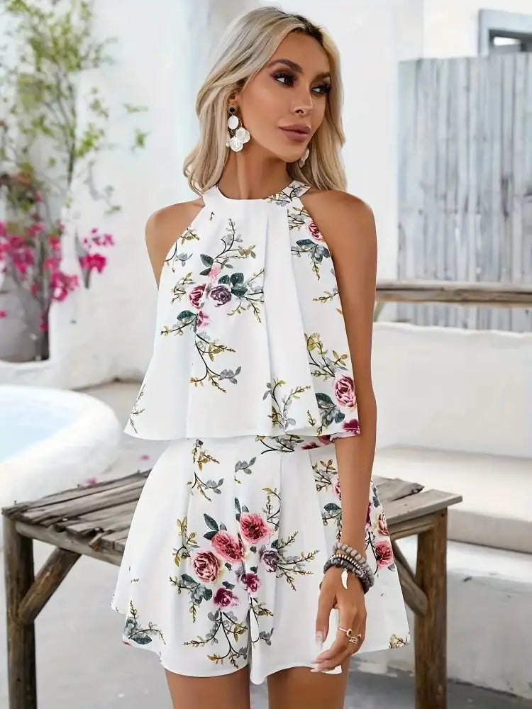 Floral Print Halter Neck Top and Shorts Two-Piece Summer Set