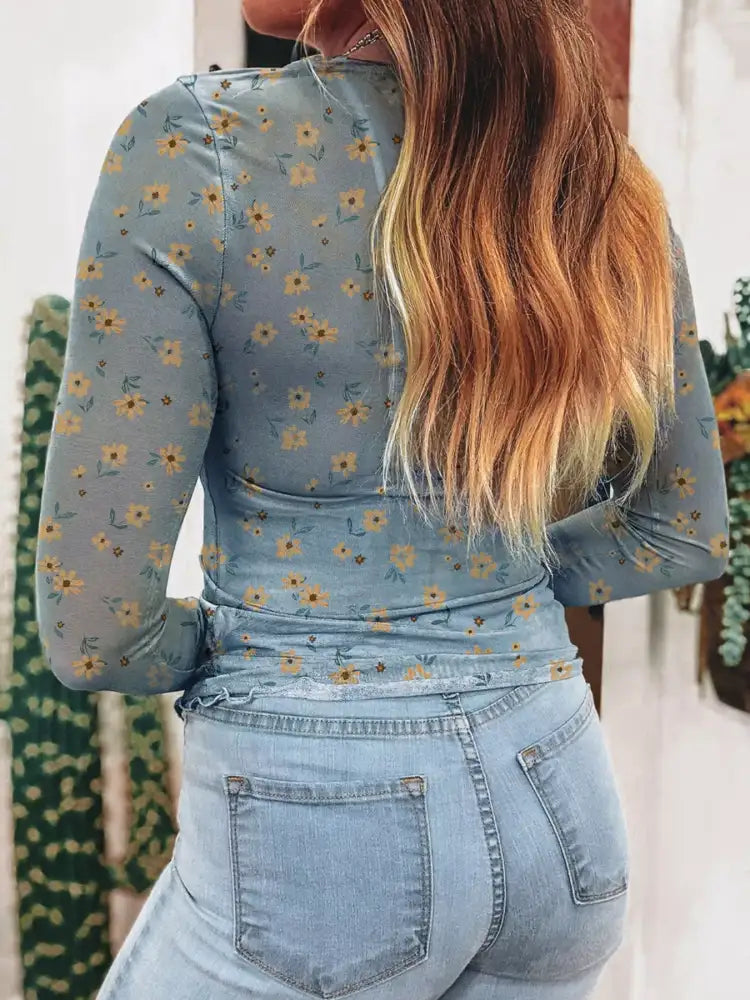 Floral Print Long Sleeve Mesh Blouse