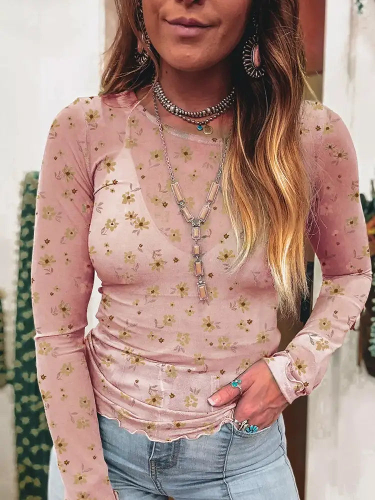 Floral Print Long Sleeve Mesh Blouse