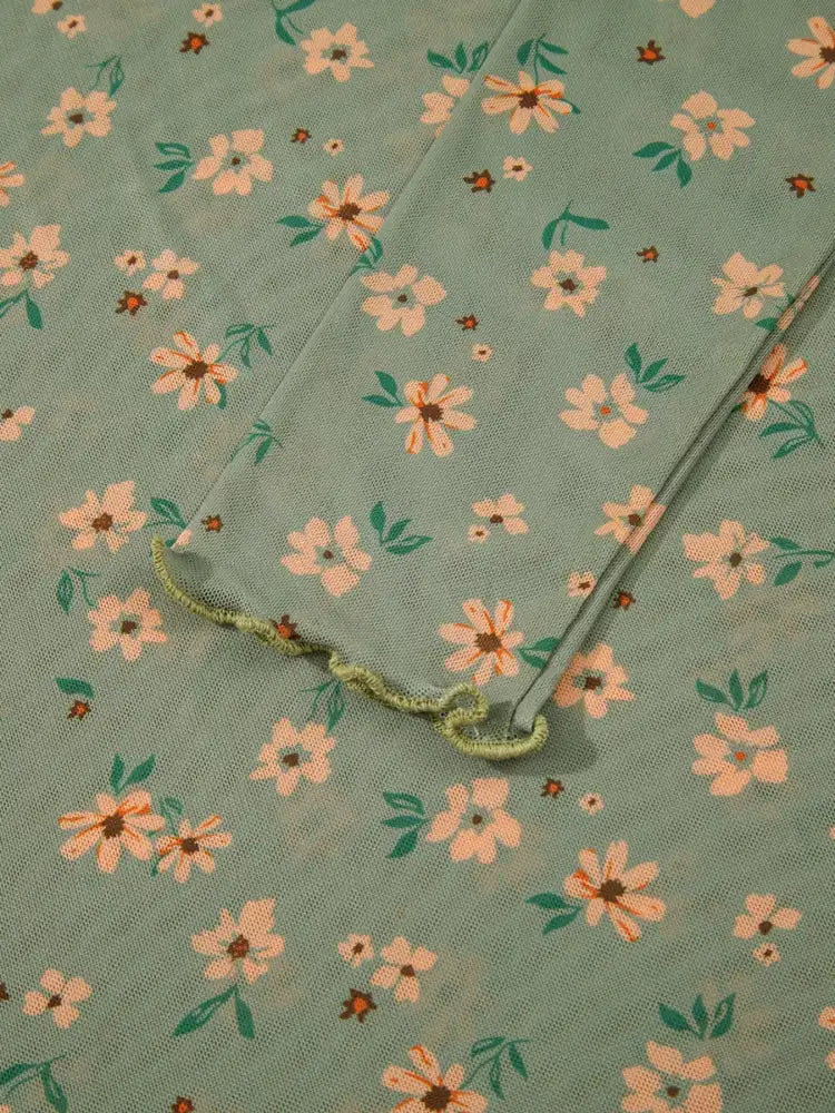 Floral Print Mesh Long Sleeve Top