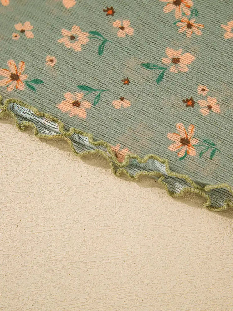 Floral Print Mesh Long Sleeve Top