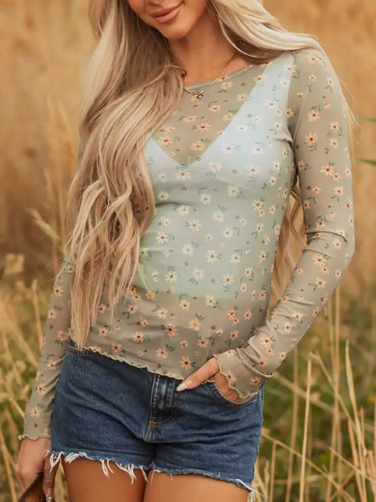 Floral Print Mesh Long Sleeve Top