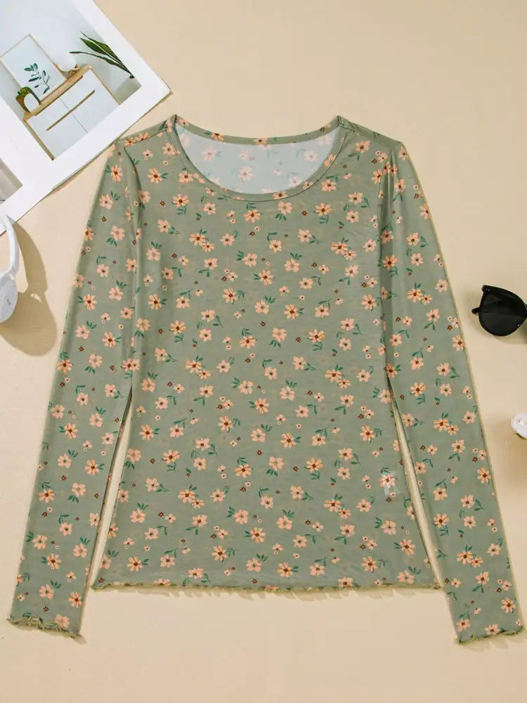 Floral Print Mesh Long Sleeve Top