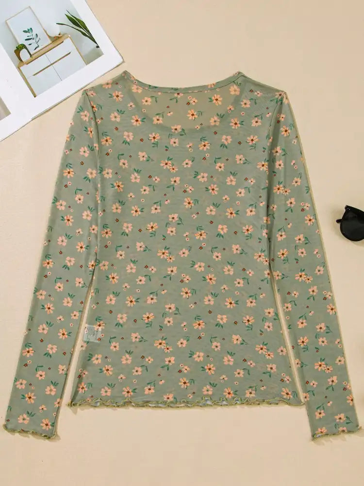 Floral Print Mesh Long Sleeve Top