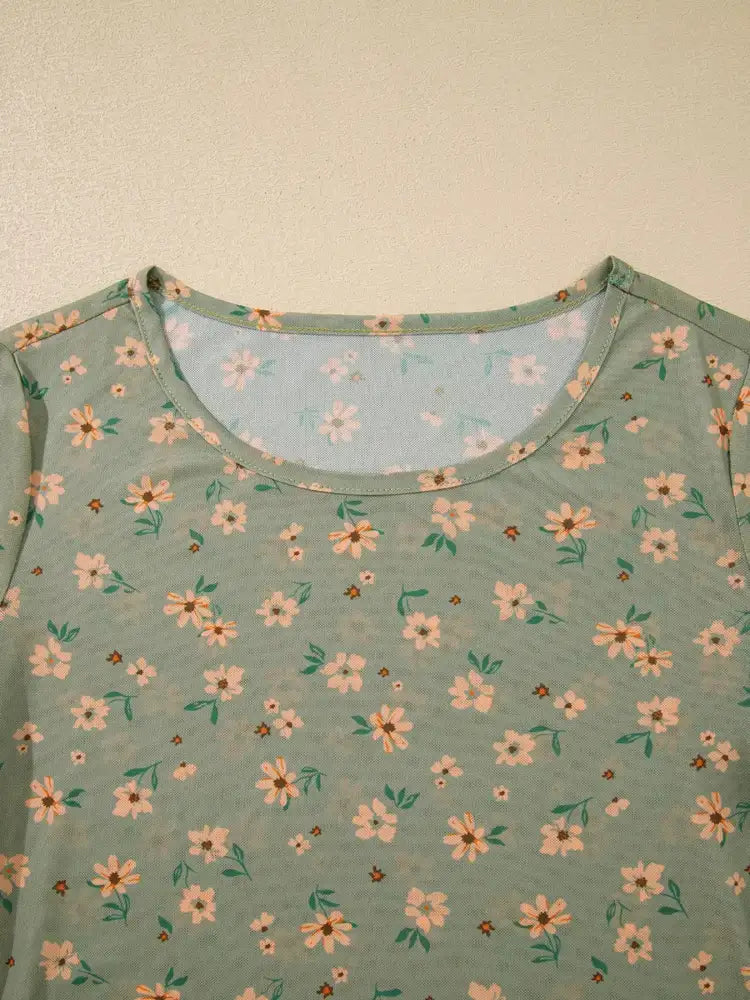 Floral Print Mesh Long Sleeve Top