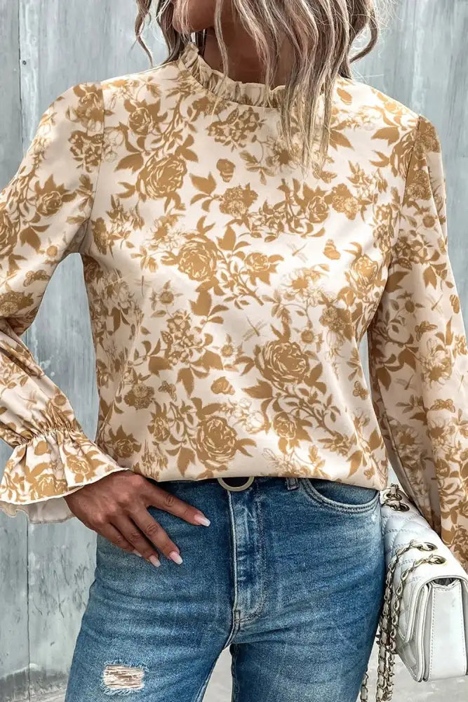 Floral Print Mock Neck Flounce Sleeve Blouse