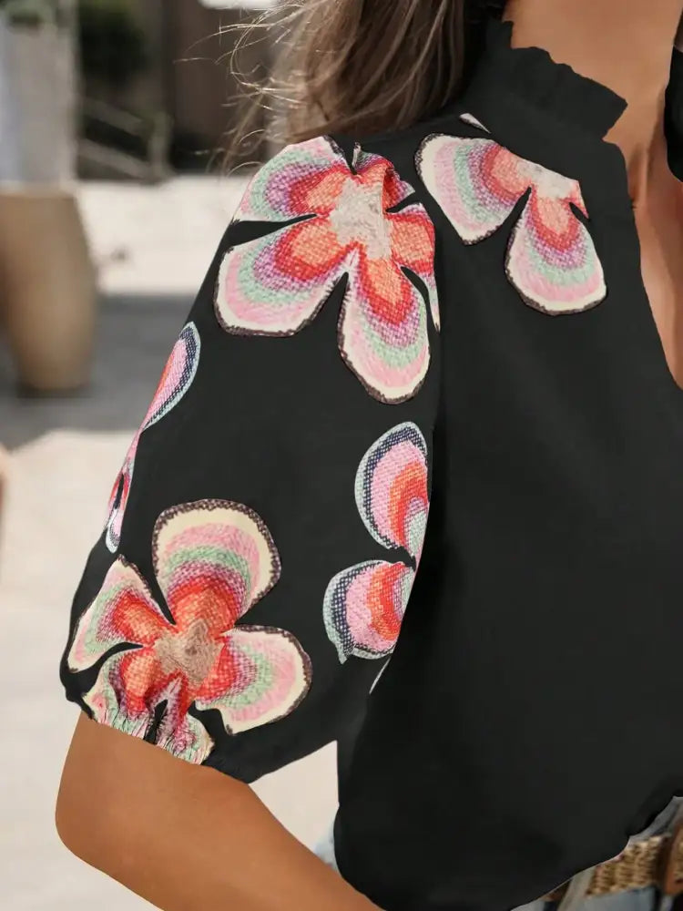 Floral Print Notched Puff Sleeve Blouse