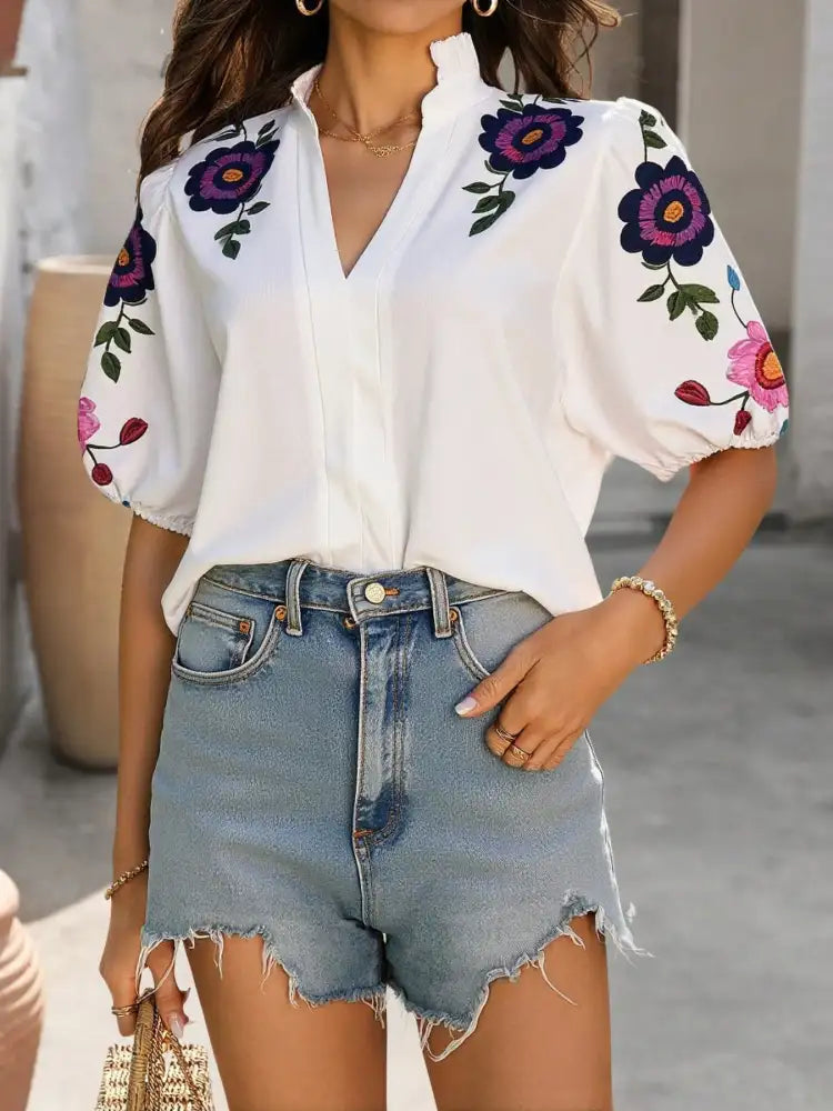 Floral Print Notched Puff Sleeve Blouse