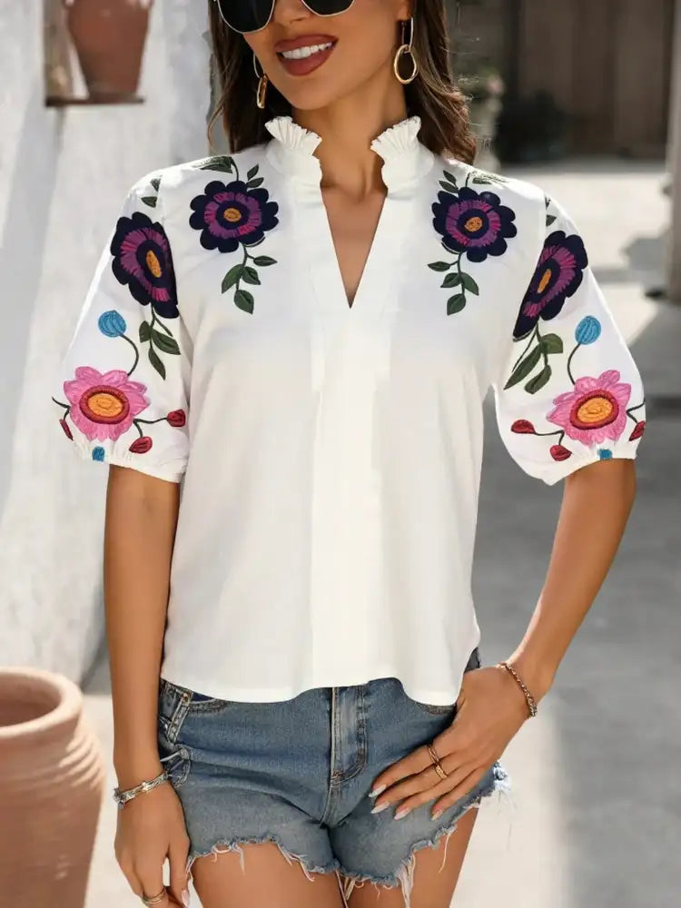 Floral Print Notched Puff Sleeve Blouse