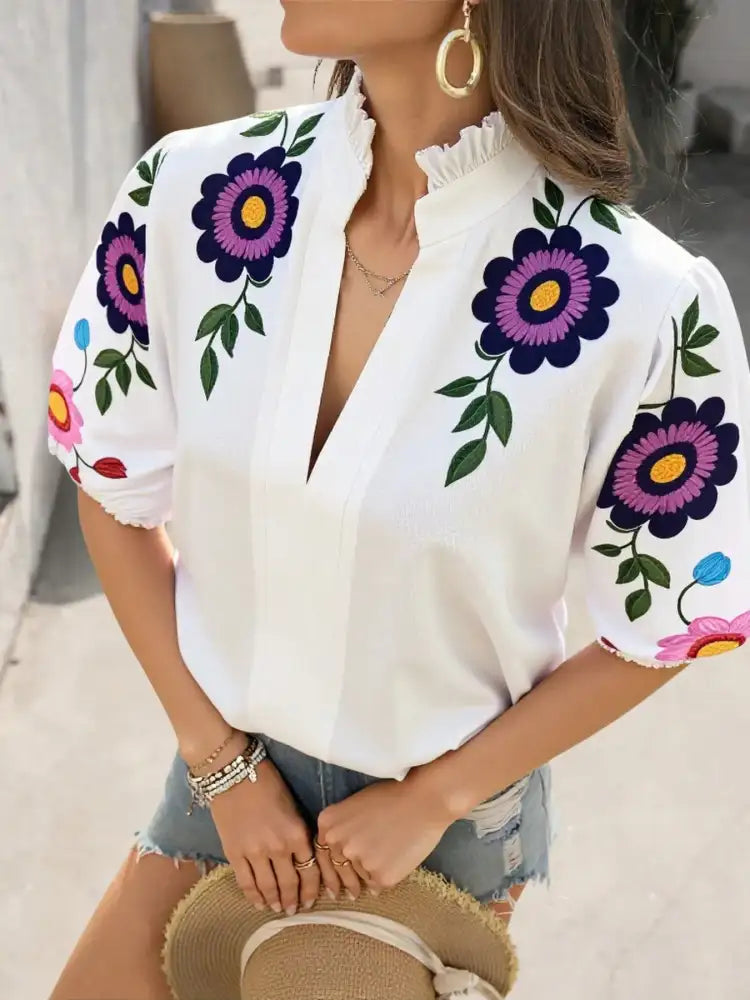 Floral Print Notched Puff Sleeve Blouse