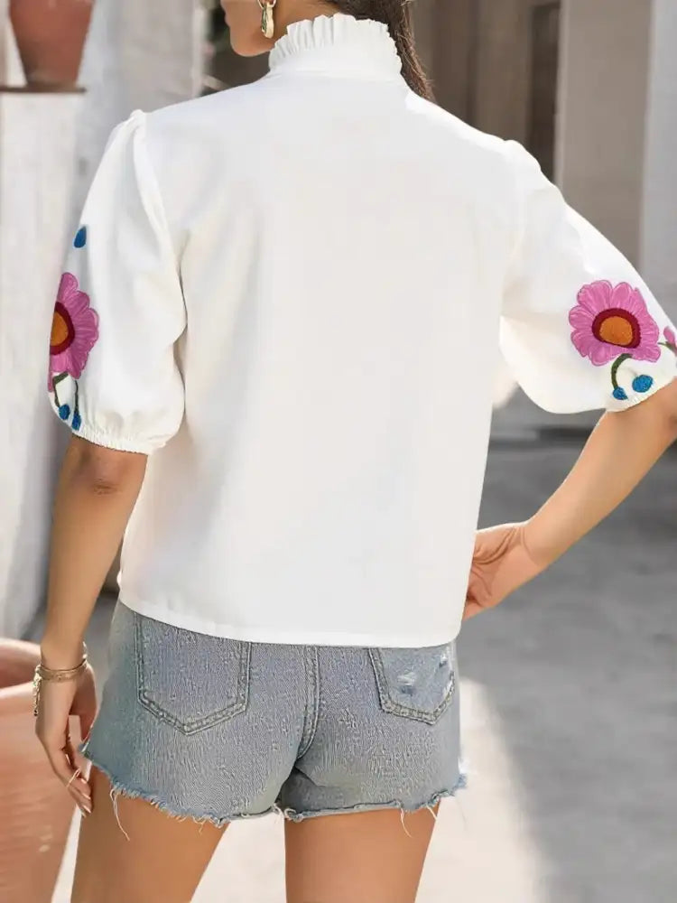 Floral Print Notched Puff Sleeve Blouse