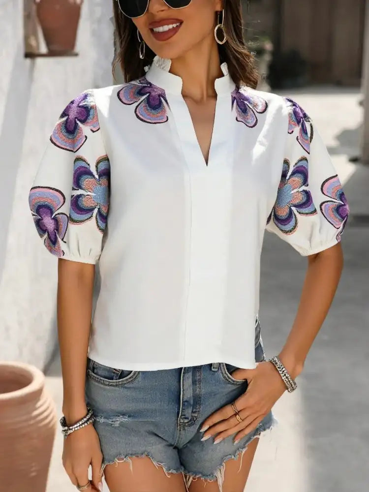 Floral Print Notched Puff Sleeve Blouse