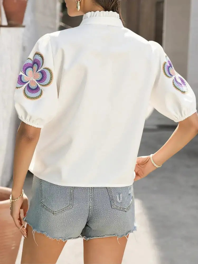 Floral Print Notched Puff Sleeve Blouse