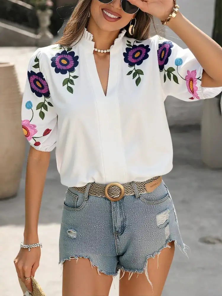 Floral Print Notched Puff Sleeve Blouse
