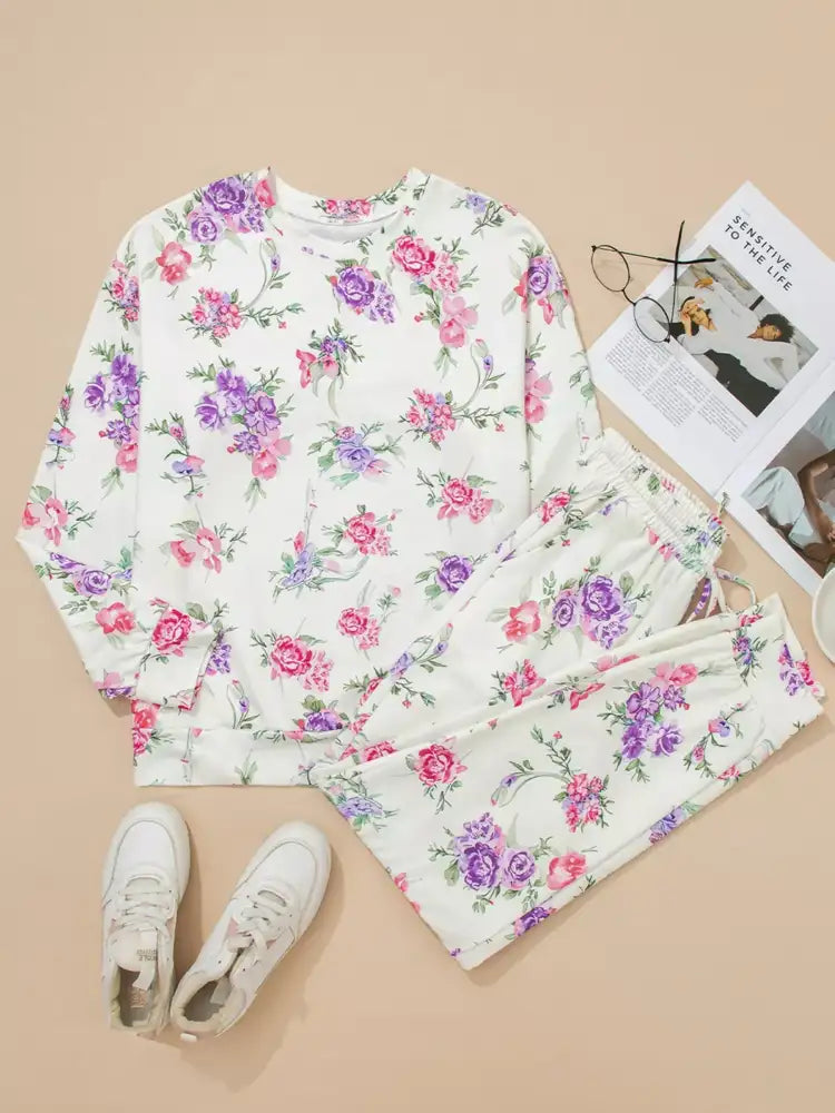 Floral Print Round Neck Top and Drawstring Pants Lounge Set