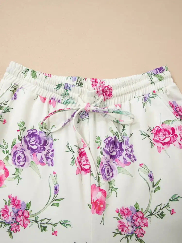Floral Print Round Neck Top and Drawstring Pants Lounge Set