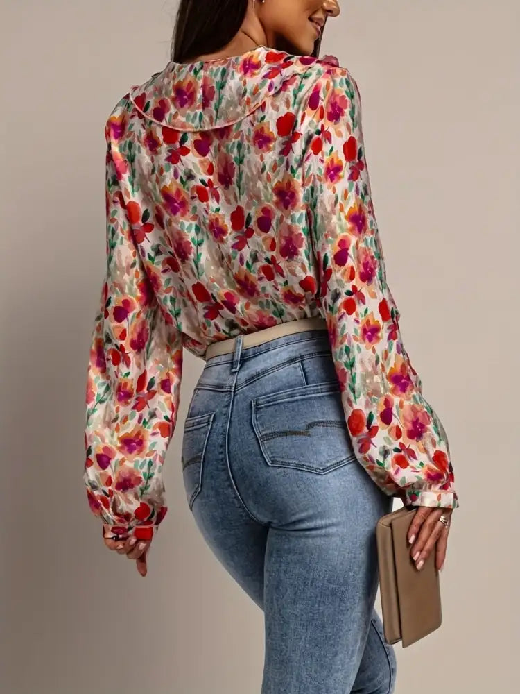 Floral Print Ruffle V-Neck Long Sleeve Blouse