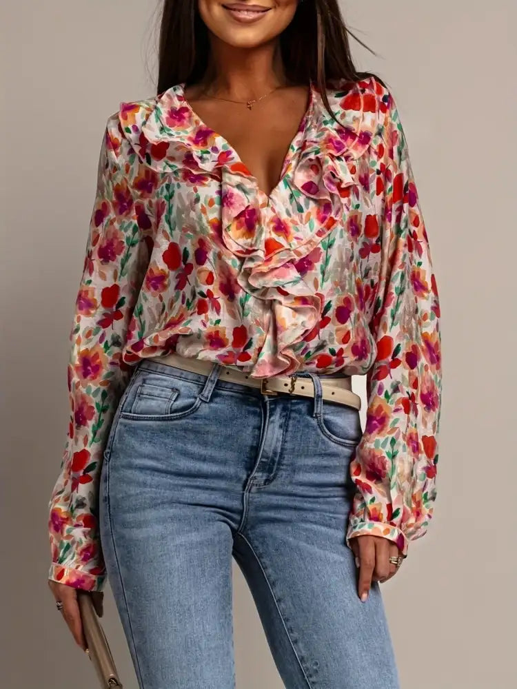 Floral Print Ruffle V-Neck Long Sleeve Blouse