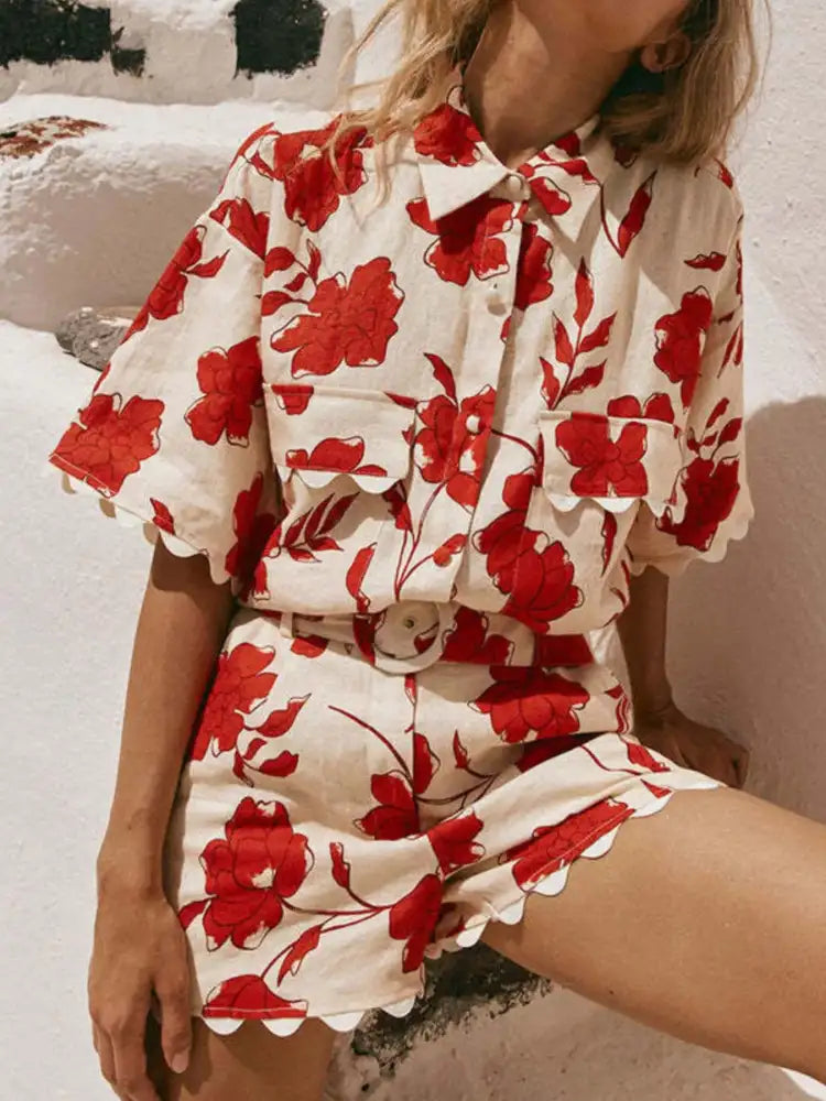 Floral Print Scalloped Edge Top and Shorts Set
