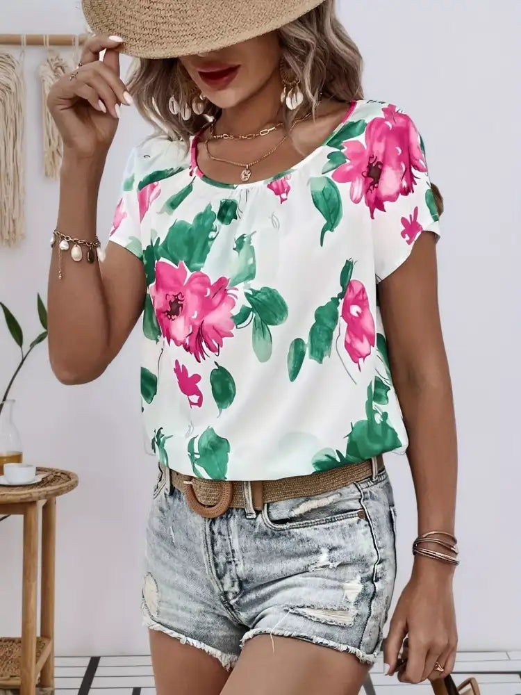 Floral Print Short Sleeve Blouse