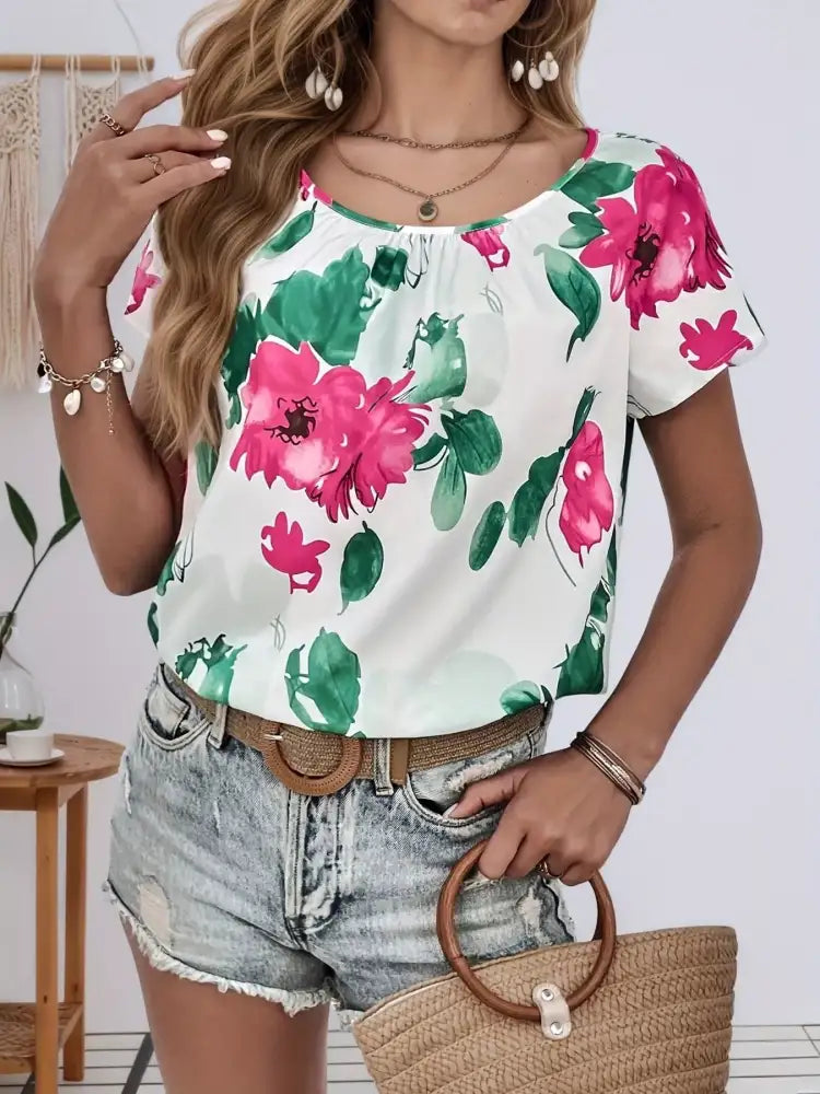 Floral Print Short Sleeve Blouse