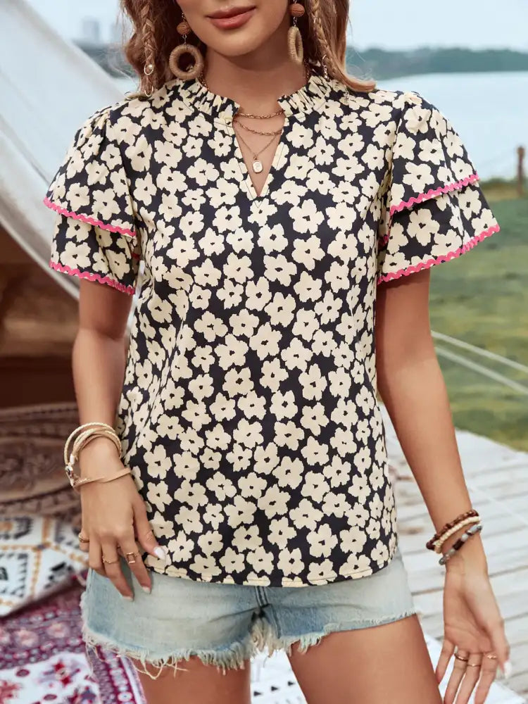 Floral Print Short Sleeve Blouse with Contrast Trim