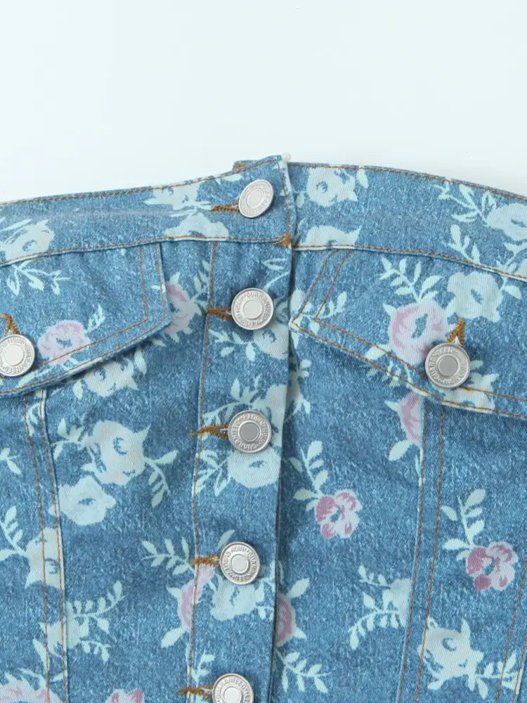 Floral Print Strapless Top and Skort Denim Set