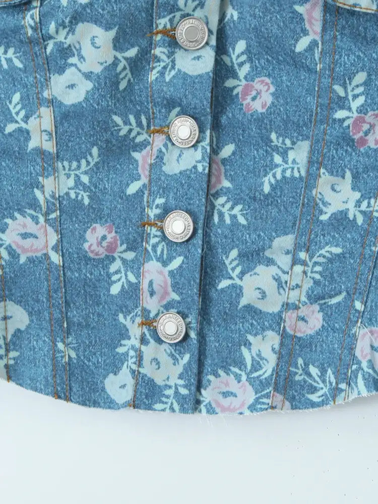 Floral Print Strapless Top and Skort Denim Set