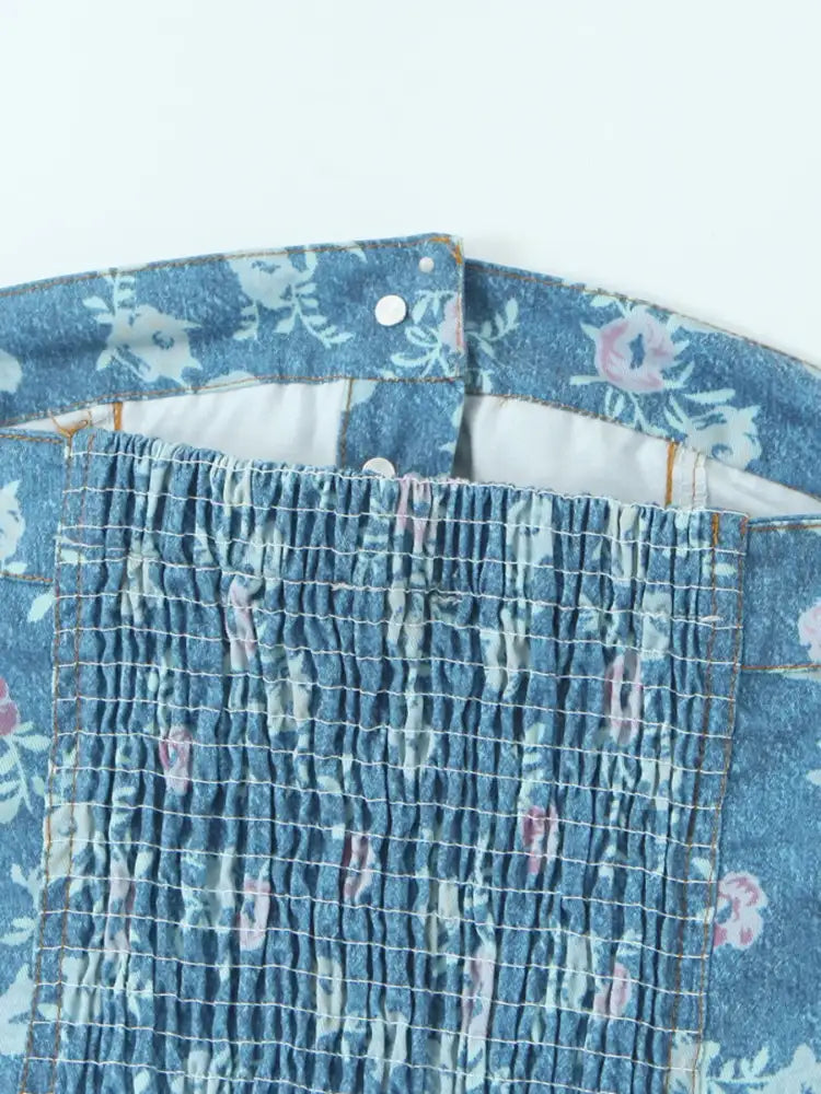 Floral Print Strapless Top and Skort Denim Set