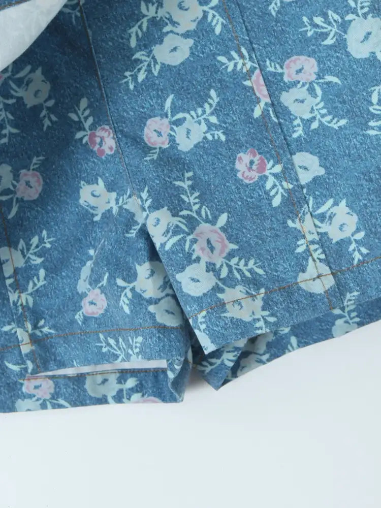 Floral Print Strapless Top and Skort Denim Set