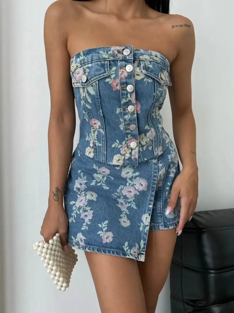 Floral Print Strapless Top and Skort Denim Set