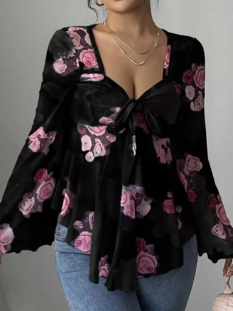Floral Print Tie Front Flare Sleeve Blouse