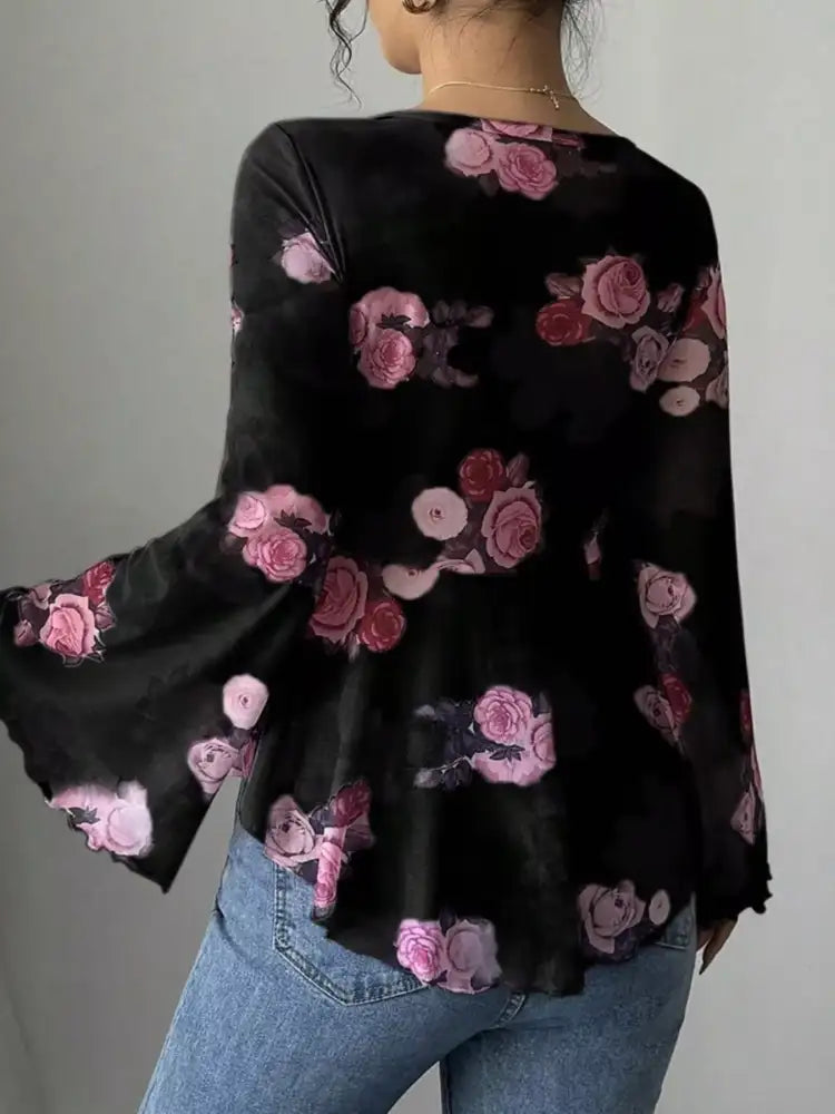 Floral Print Tie Front Flare Sleeve Blouse