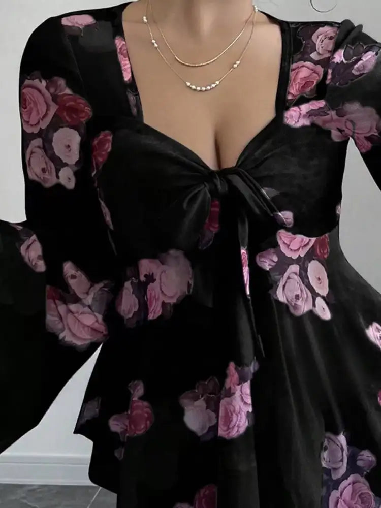 Floral Print Tie Front Flare Sleeve Blouse