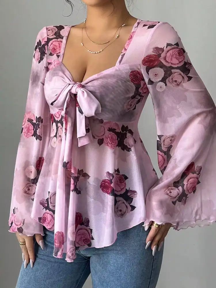 Floral Print Tie Front Flare Sleeve Blouse
