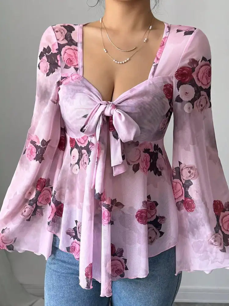 Floral Print Tie Front Flare Sleeve Blouse