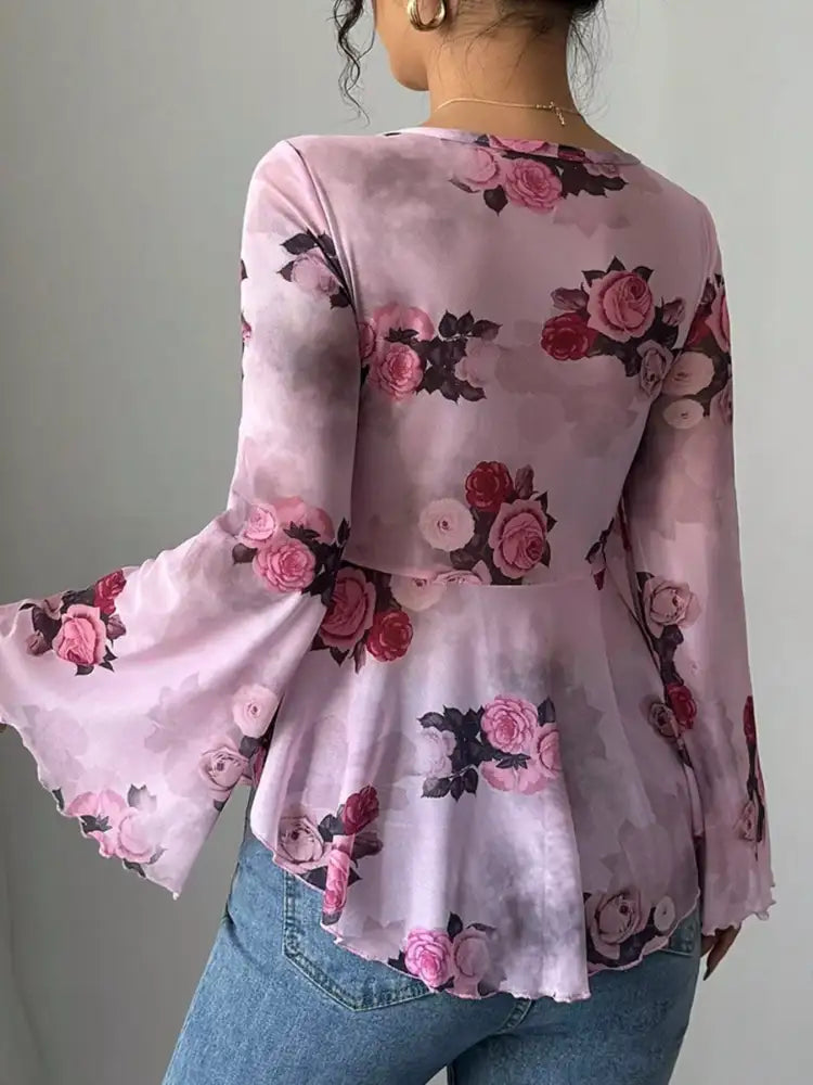 Floral Print Tie Front Flare Sleeve Blouse