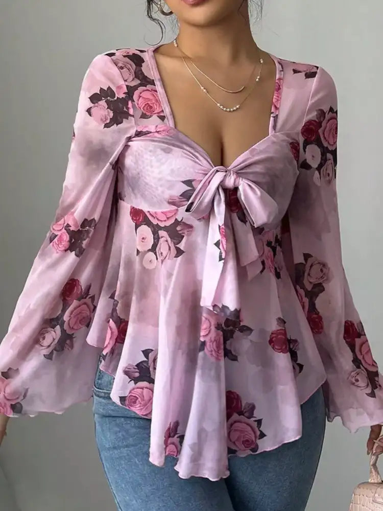 Floral Print Tie Front Flare Sleeve Blouse