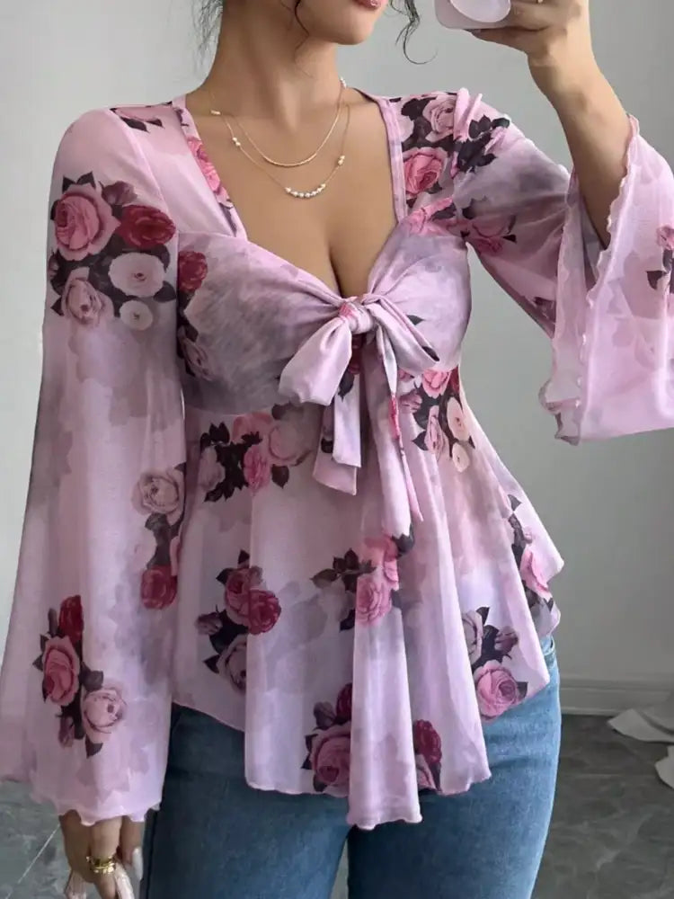 Floral Print Tie Front Flare Sleeve Blouse
