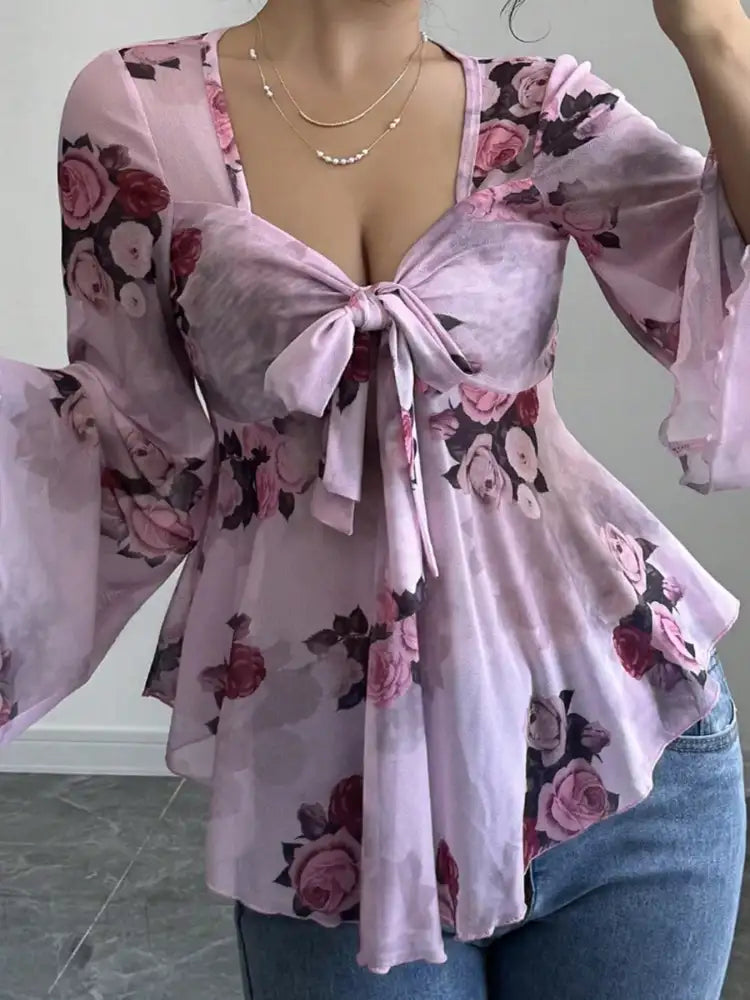 Floral Print Tie Front Flare Sleeve Blouse