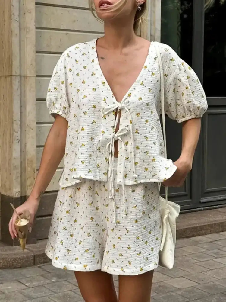 Floral Print Tie-Front Top and Shorts Set